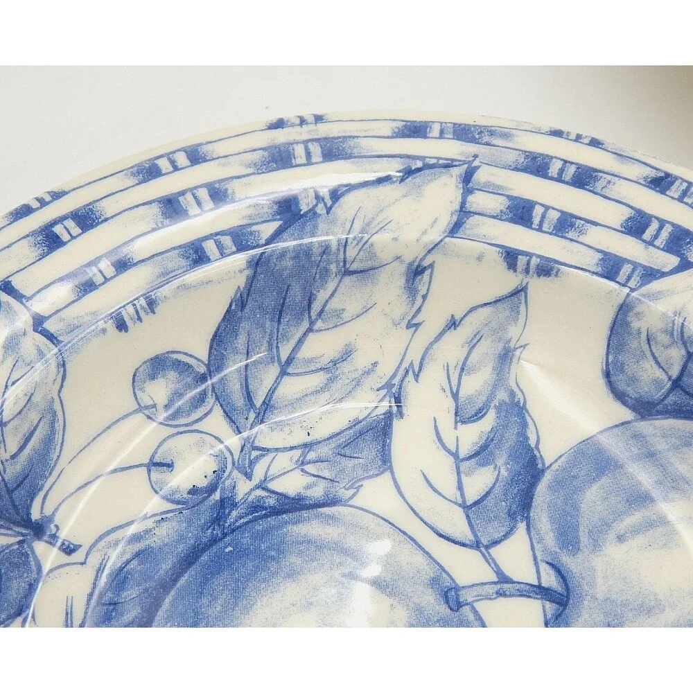 Pier 1 Soup Pasta Bowls Basket Weave Blue White Rim Apples Handpainted Italy S/3